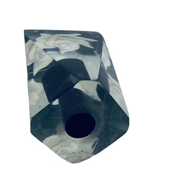 Vintage Clear Lucite Bircraft White Rose Candle Holder Paperweight USA Resin 3” - Picture 3 of 12